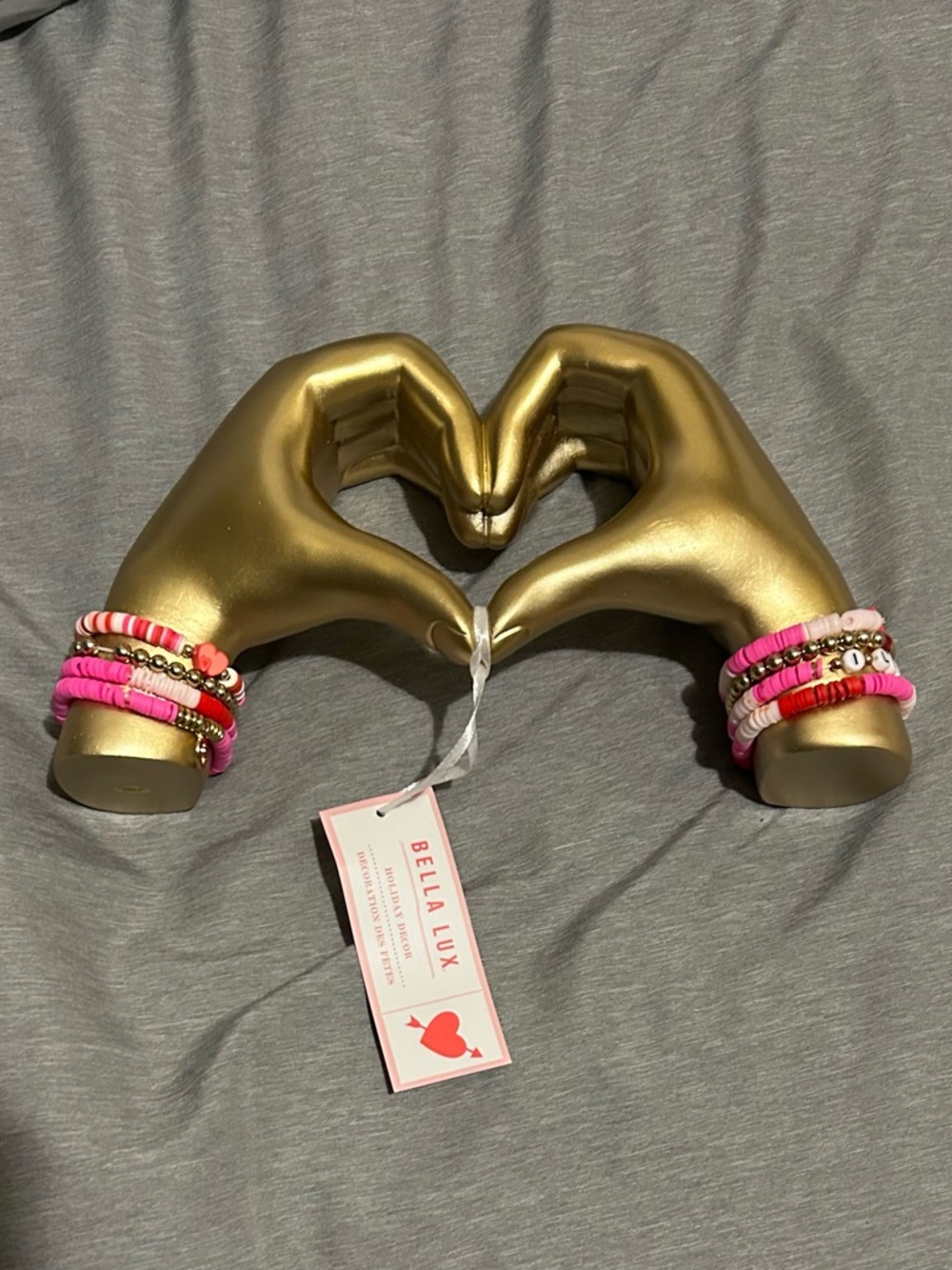 BELLA LUX Metallic Gold Love Hands Statue With Pink Beaded Bracelet Accents NWTS
